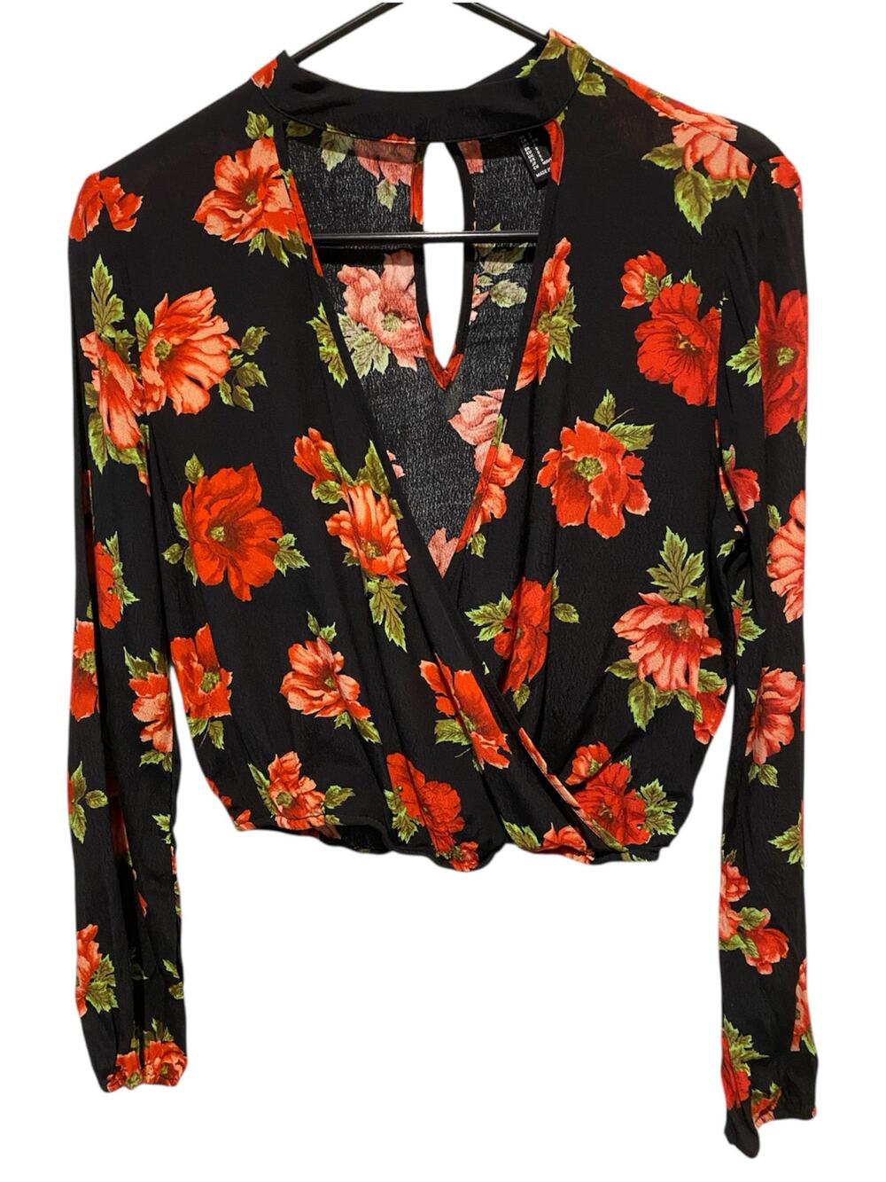 Forever 21 Floral Print Cropped Blouse Small Black Poinsettia Night Out Party